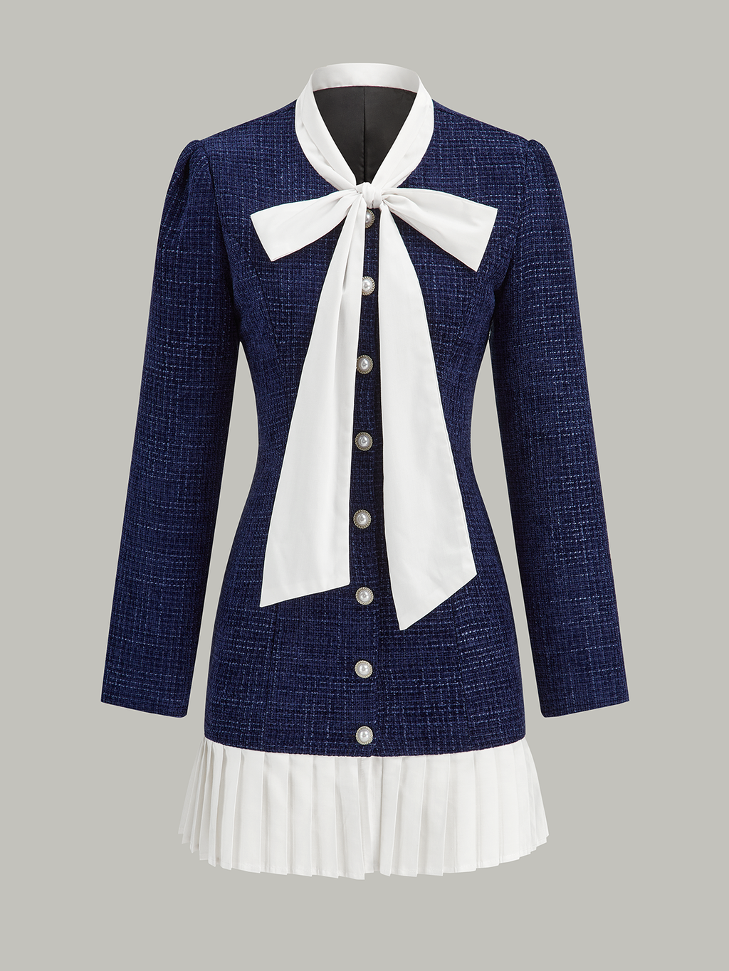Tweed Pussy Bow Collar Pearl Button Contrast Pleated Hem Mini Dress