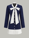 Tweed Pussy Bow Collar Pearl Button Contrast Pleated Hem Mini Dress