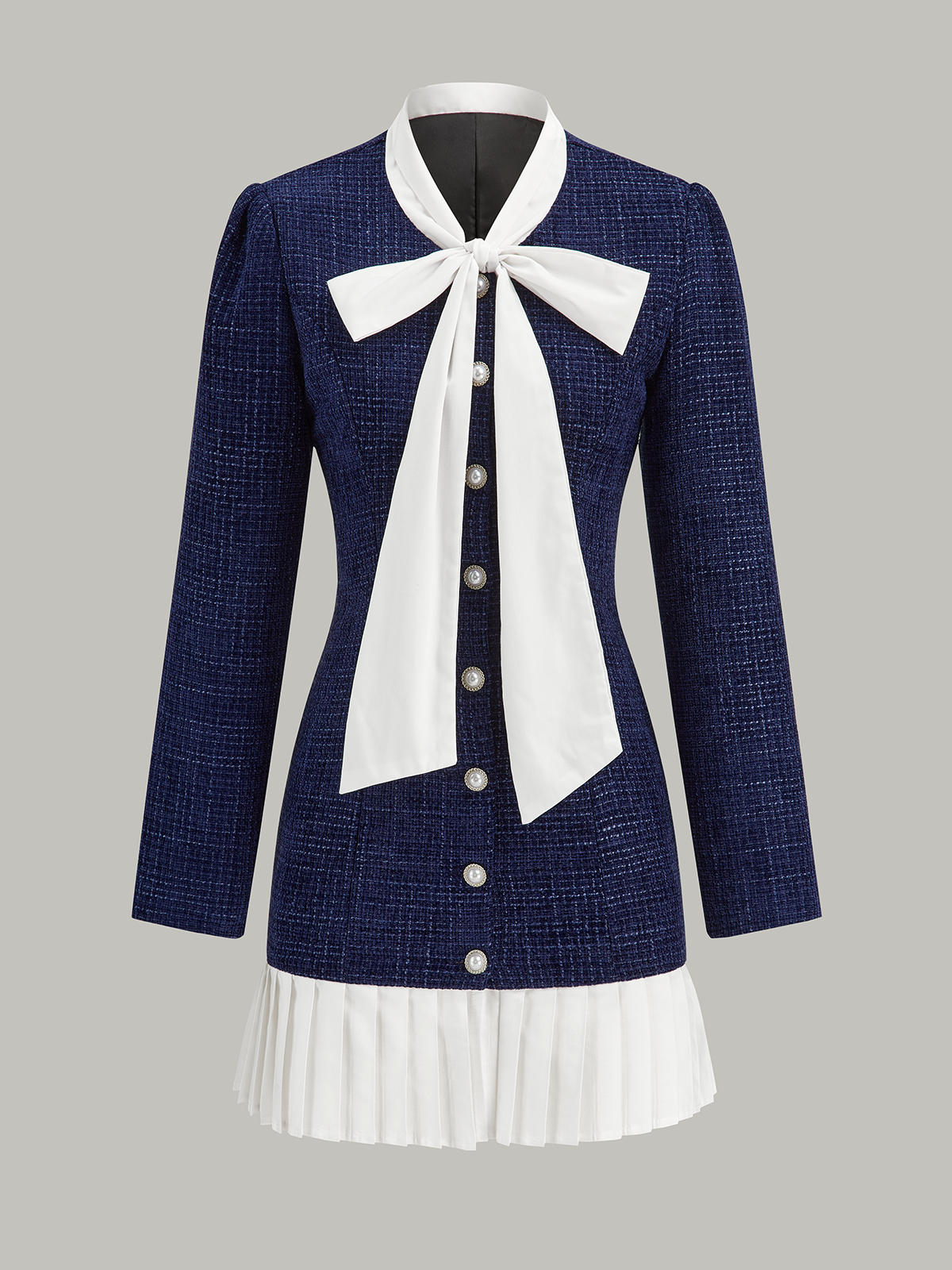 Tweed Pussy Bow Collar Pearl Button Contrast Pleated Hem Mini Dress