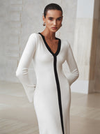V-Neck Contrast Trim Center Stripe Bell Cuff Rib Knit Midi Dress