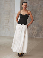 Two-Tone Lace-Up Backless Spaghetti Strap Gathered Maxi Dress
