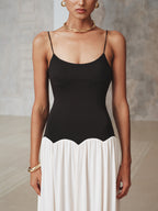 Two-Tone Lace-Up Backless Spaghetti Strap Gathered Maxi Dress