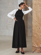 Mock Neck Contrast Raglan Sleeve Gathered Pleated Maxi Dress