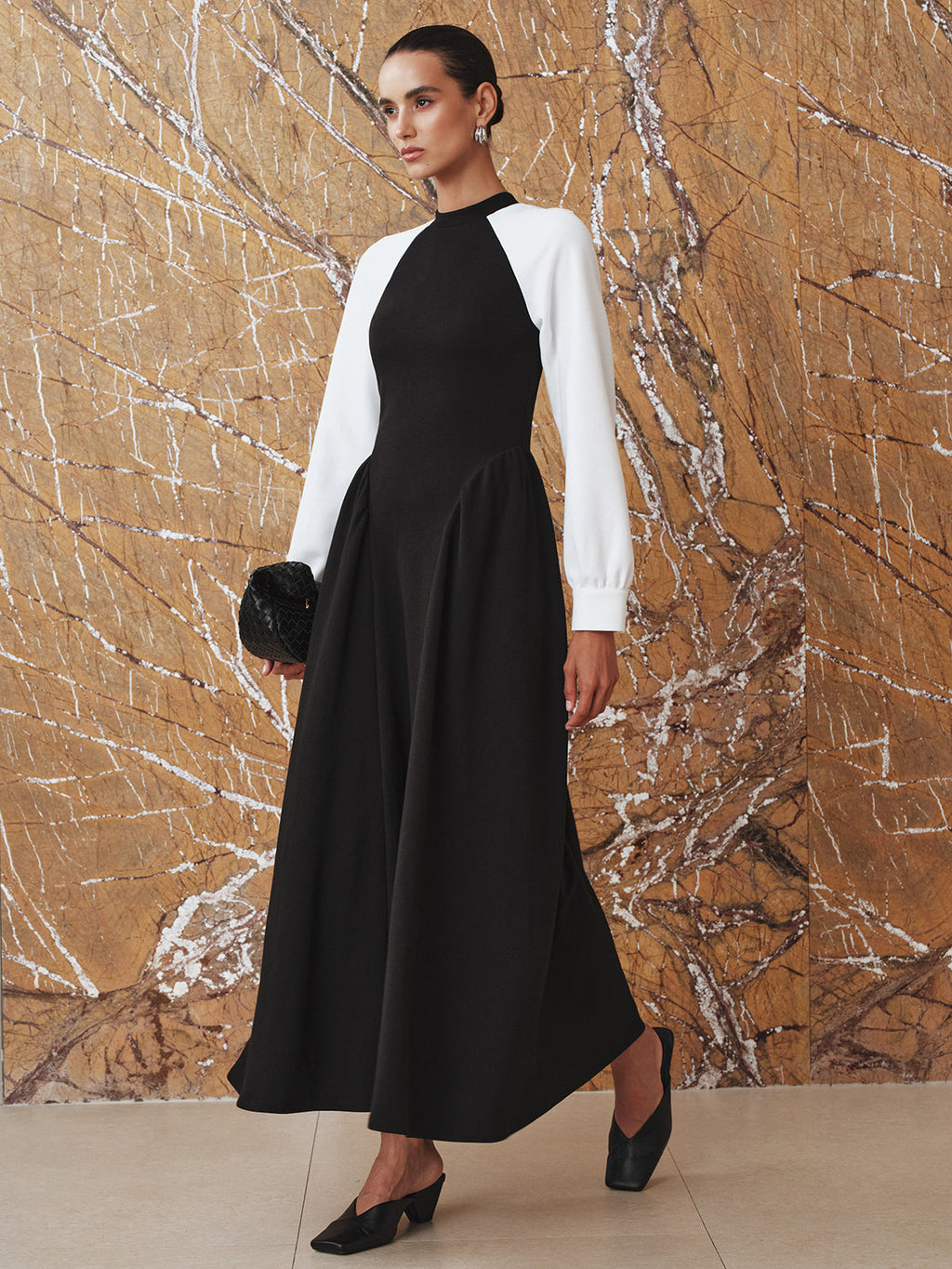 Mock Neck Contrast Raglan Sleeve Gathered Pleated Maxi Dress