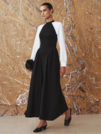 Mock Neck Contrast Raglan Sleeve Gathered Pleated Maxi Dress