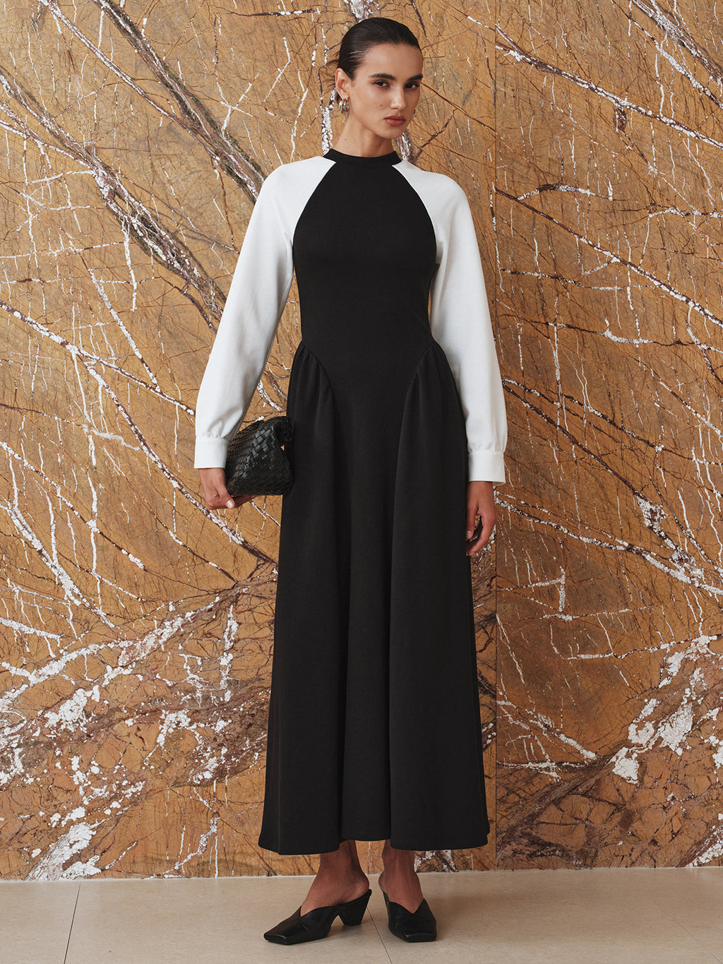 Mock Neck Contrast Raglan Sleeve Gathered Pleated Maxi Dress