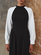 Mock Neck Contrast Raglan Sleeve Gathered Pleated Maxi Dress