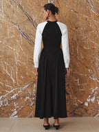 Mock Neck Contrast Raglan Sleeve Gathered Pleated Maxi Dress