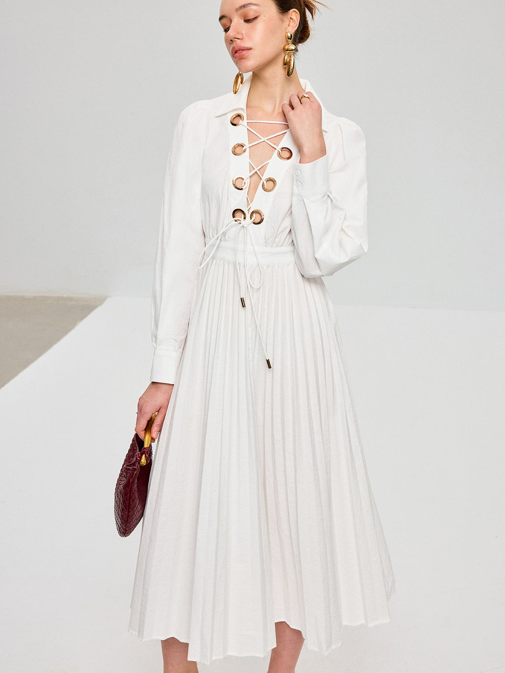 Lace Up Grommet Collar Bishop Sleeve Accordion Pleated Midi Dress