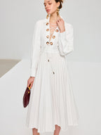 Lace Up Grommet Collar Bishop Sleeve Accordion Pleated Midi Dress