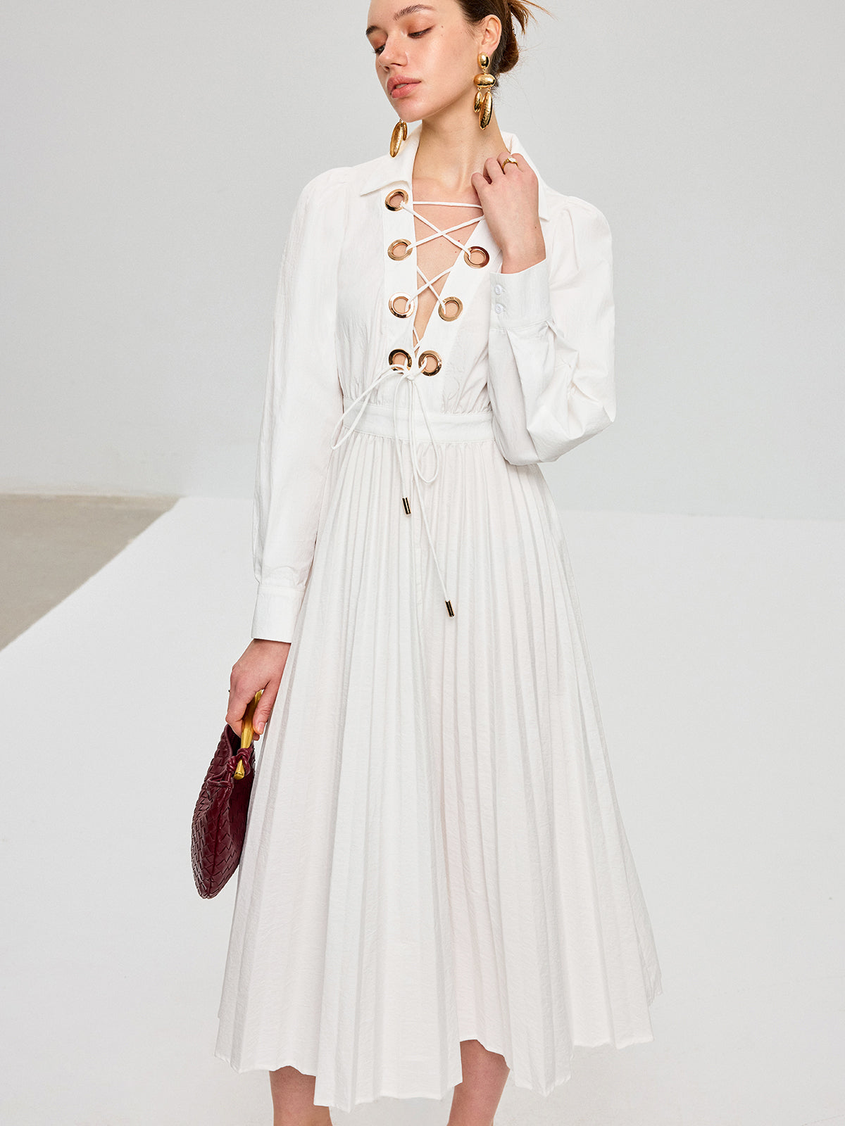 Lace Up Grommet Collar Bishop Sleeve Accordion Pleated Midi Dress