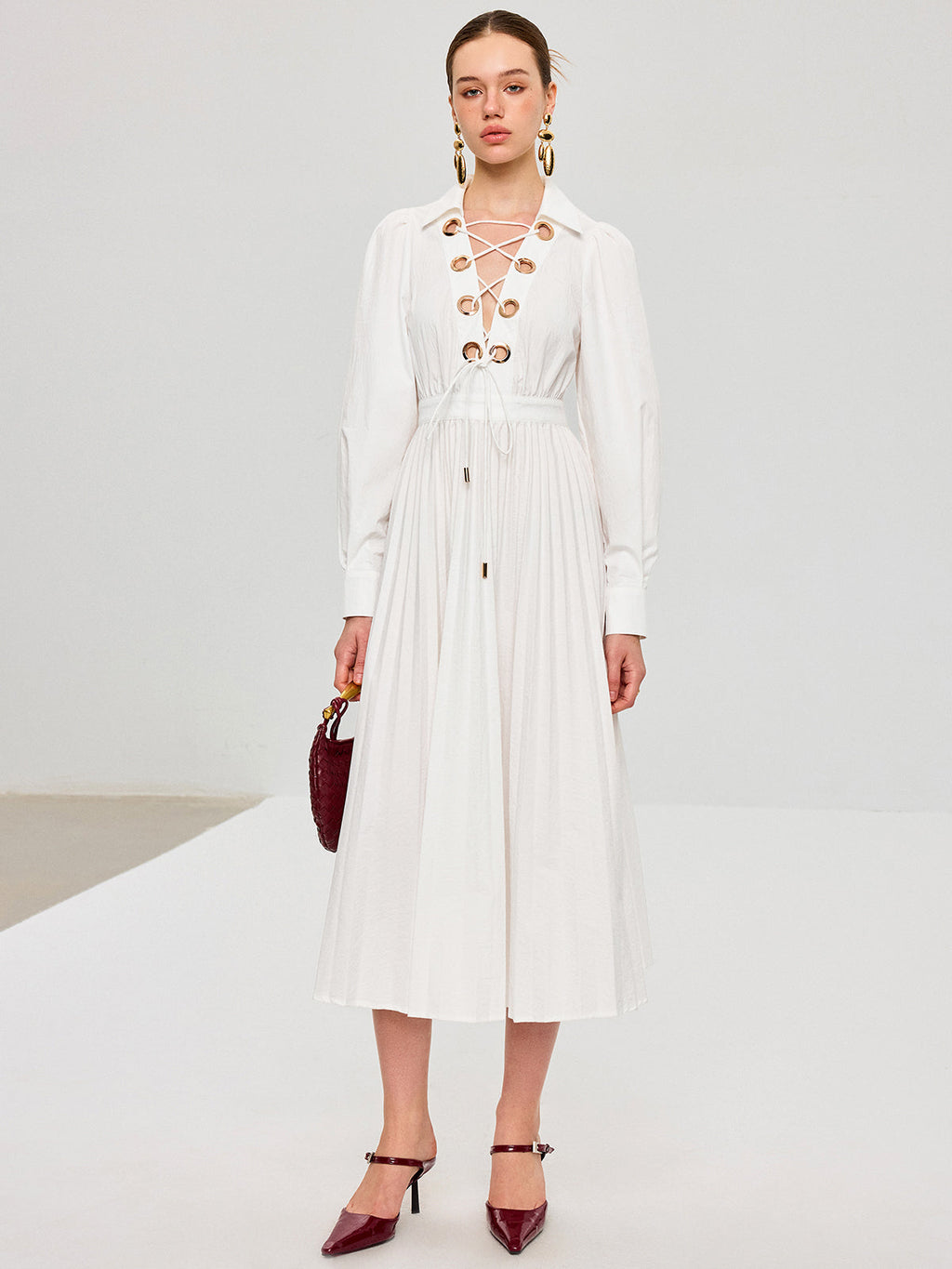Lace Up Grommet Collar Bishop Sleeve Accordion Pleated Midi Dress
