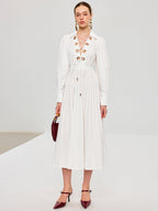 Lace Up Grommet Collar Bishop Sleeve Accordion Pleated Midi Dress