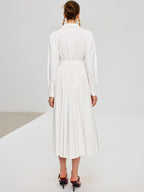 Lace Up Grommet Collar Bishop Sleeve Accordion Pleated Midi Dress