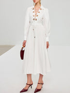 Lace Up Grommet Collar Bishop Sleeve Accordion Pleated Midi Dress