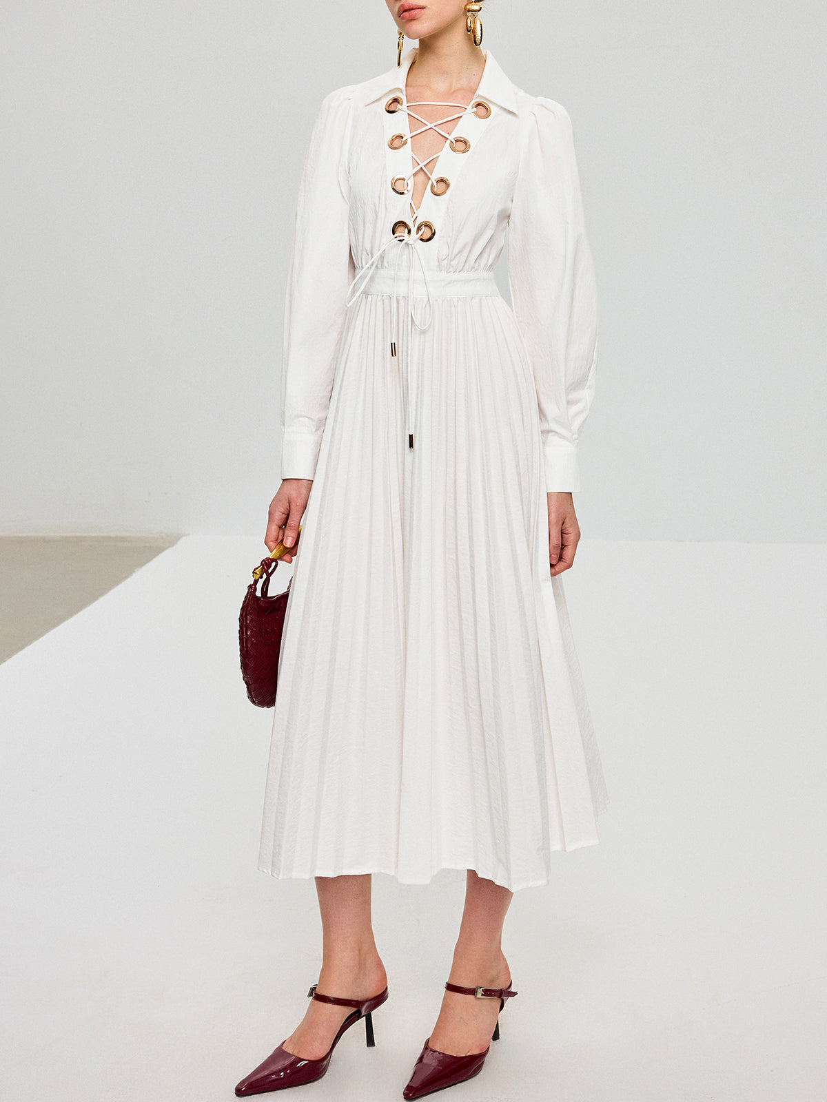 Lace Up Grommet Collar Bishop Sleeve Accordion Pleated Midi Dress