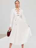 Lace Up Grommet Collar Bishop Sleeve Accordion Pleated Midi Dress