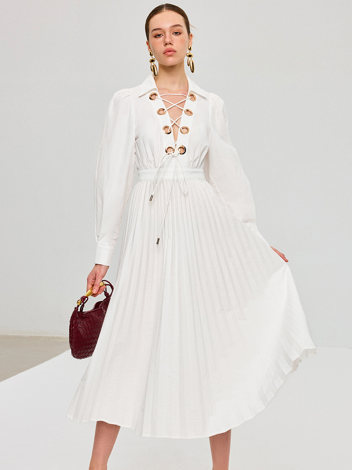 Lace Up Grommet Collar Bishop Sleeve Accordion Pleated Midi Dress