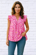 Tulip Ruffled Printed Notched Cap Sleeve Blouse