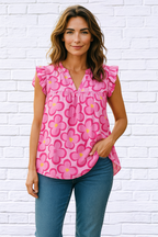 Tulip Ruffled Printed Notched Cap Sleeve Blouse