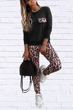 Round Neck Top and Leopard Pants Set _ Women__ Two-Piece Casual Chic Outfit for Everyday Style