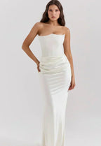 Strapless Peaked Corset Bodice Side Ruched Satin Column Maxi Gown
