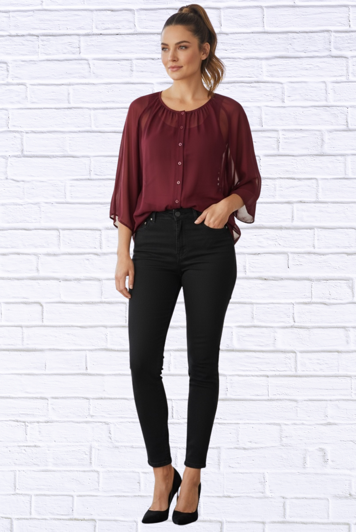Sheer Chiffon Button-Front Blouse _ Lightweight 3/4 Sleeve Top with Layered Tank Look