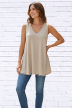Women__ Linen-Cotton Pom-Trim Sleeveless Top _ Neutral V-Neck Summer Tank