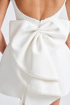 Scoop Back Pearl Trim Oversized Bow Back Mini Dress