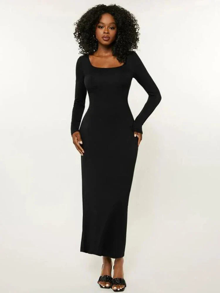 Scoop Neck Long Sleeve Bodycon Maxi Dress