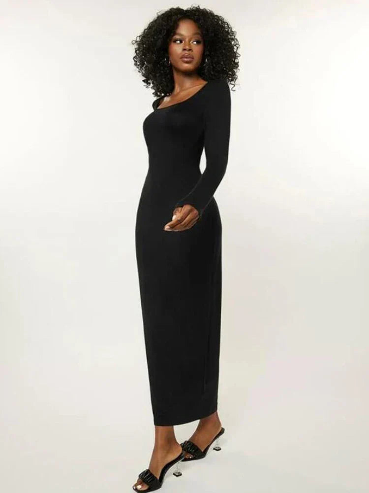 Scoop Neck Long Sleeve Bodycon Maxi Dress