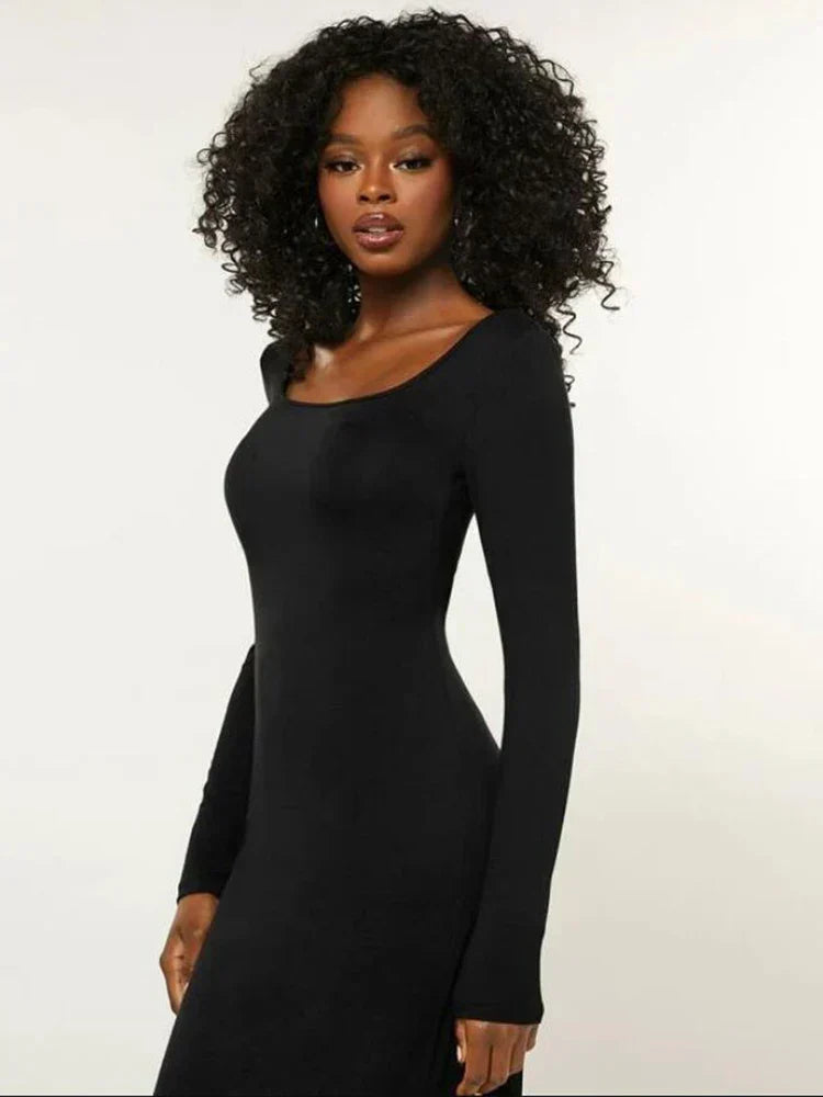 Scoop Neck Long Sleeve Bodycon Maxi Dress