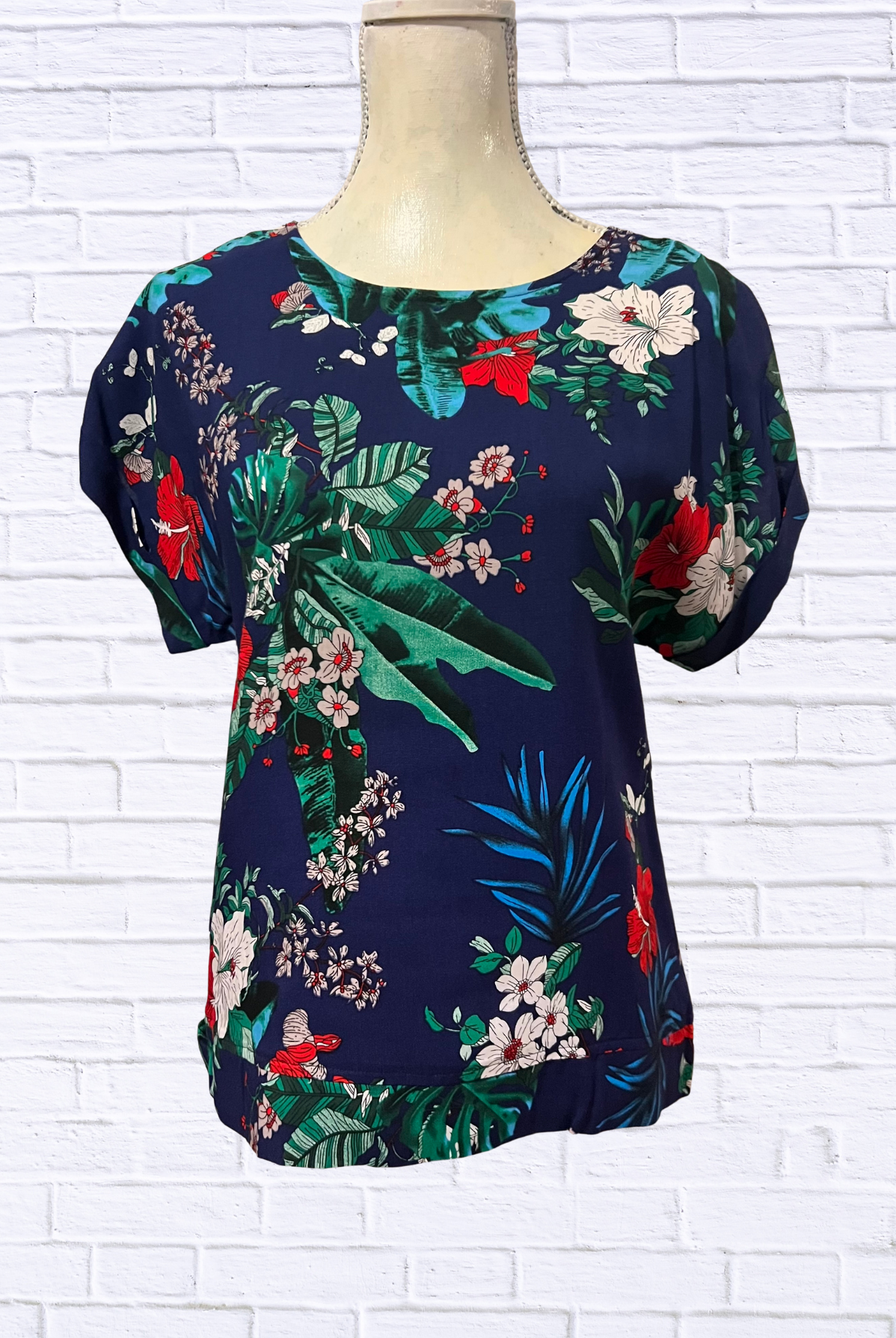 Navy Tropical Floral Viscose Blouse _ Short Sleeve Round Neck Lightweight Top