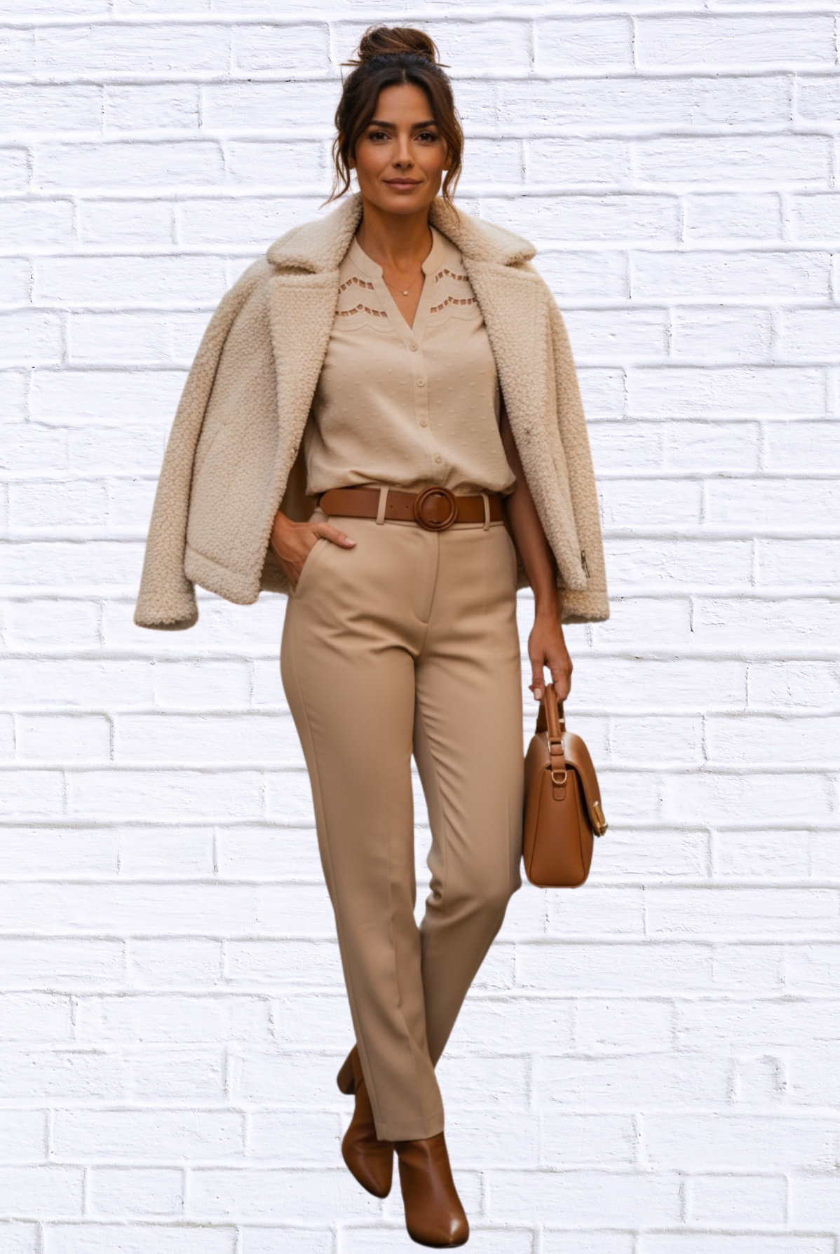 Eyelet Scallop Sleeve Button-Up Blouse _ Cream Beige