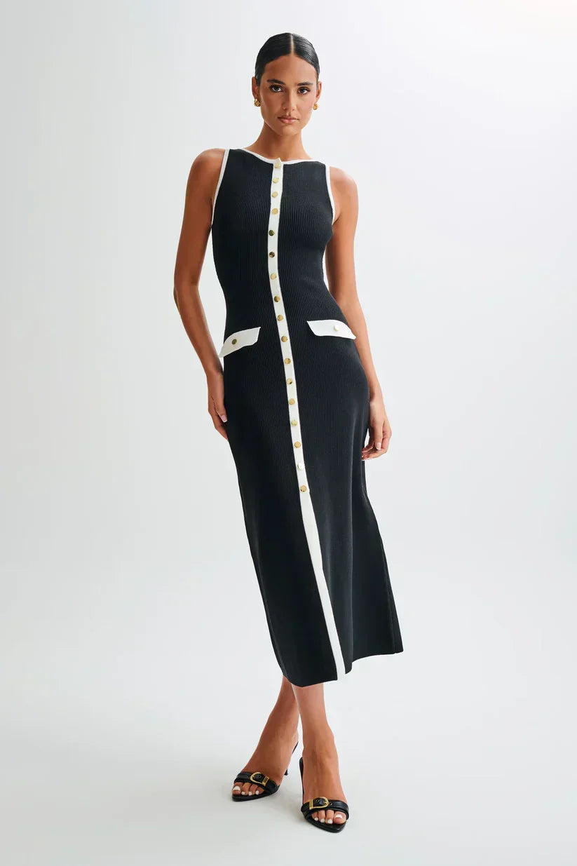 Rib Knit Sleeveless Button Front Faux Pocket Midi Dress