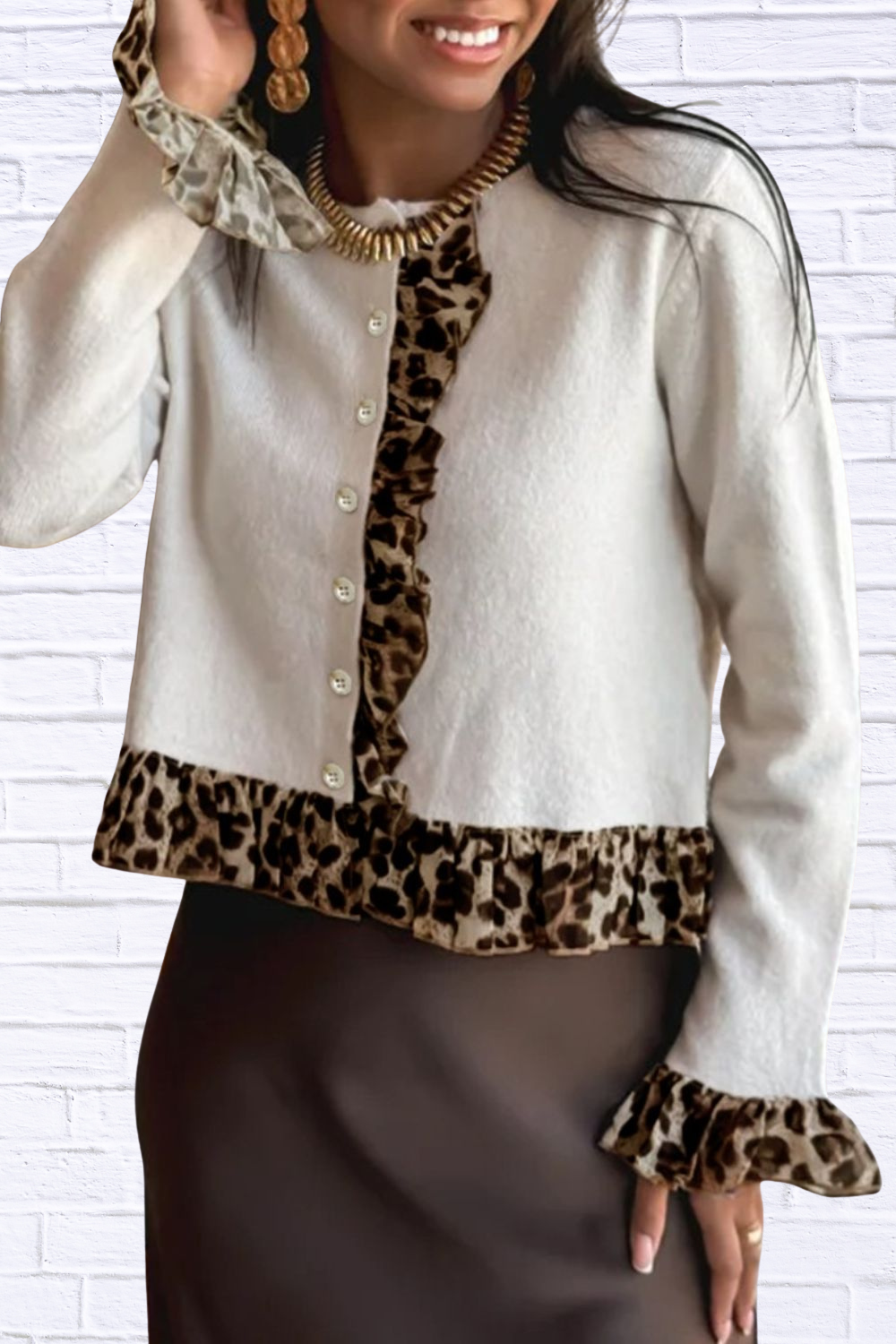 Leopard Trim Ruffle Cardigan _ Buttoned Contrast Ruffle & Chic Stretch Fit