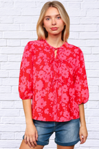 Full Size Ribbon Bow Floral Balloon Sleeve Blouse