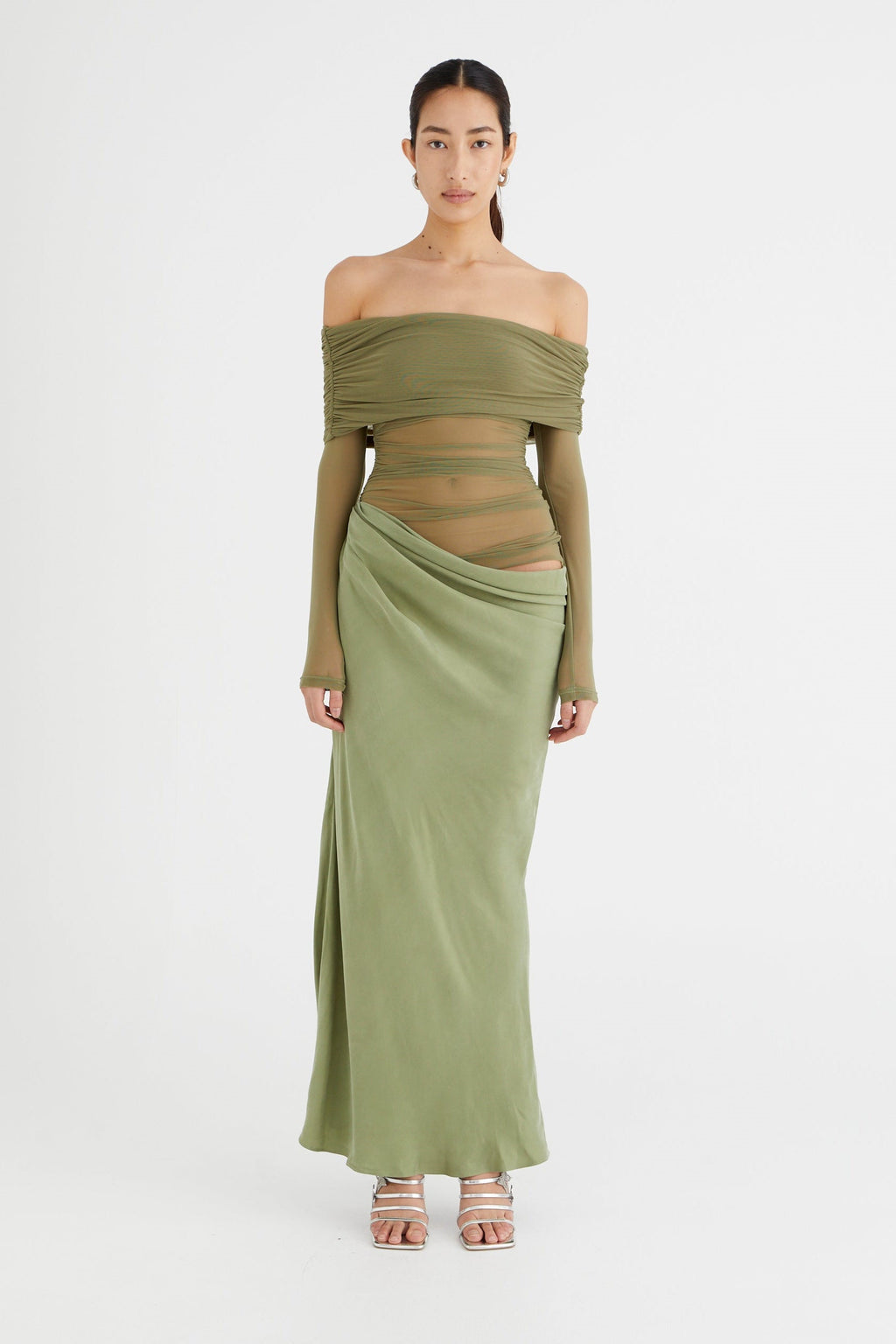 Off Shoulder Mesh Panel Waist Cut Out Column Maxi Dress
