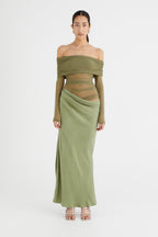 Off Shoulder Mesh Panel Waist Cut Out Column Maxi Dress