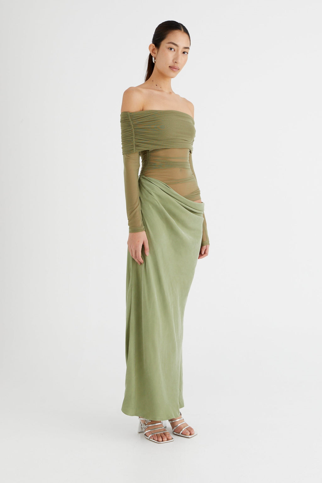 Off Shoulder Mesh Panel Waist Cut Out Column Maxi Dress