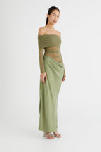 Off Shoulder Mesh Panel Waist Cut Out Column Maxi Dress