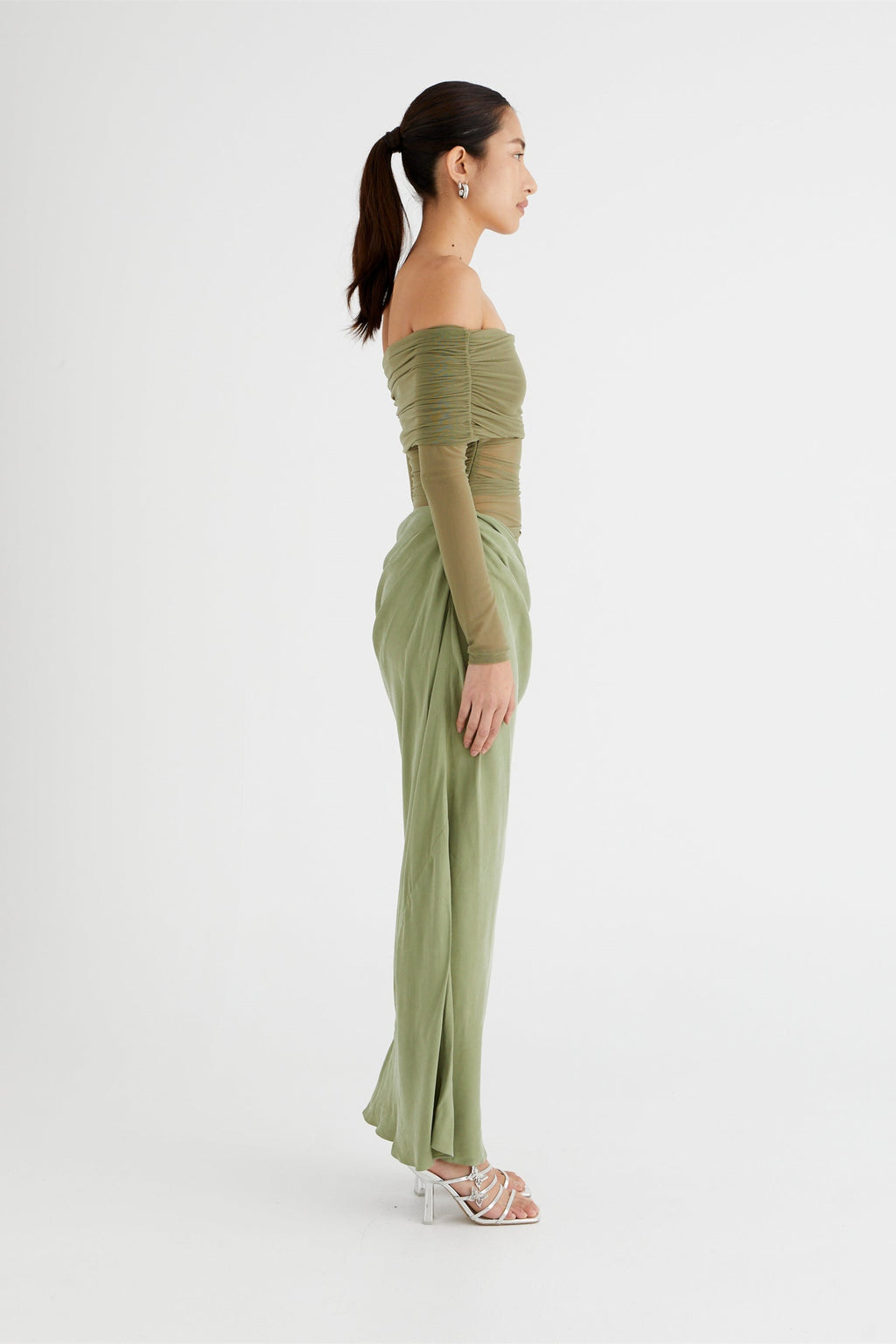 Off Shoulder Mesh Panel Waist Cut Out Column Maxi Dress