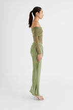 Off Shoulder Mesh Panel Waist Cut Out Column Maxi Dress