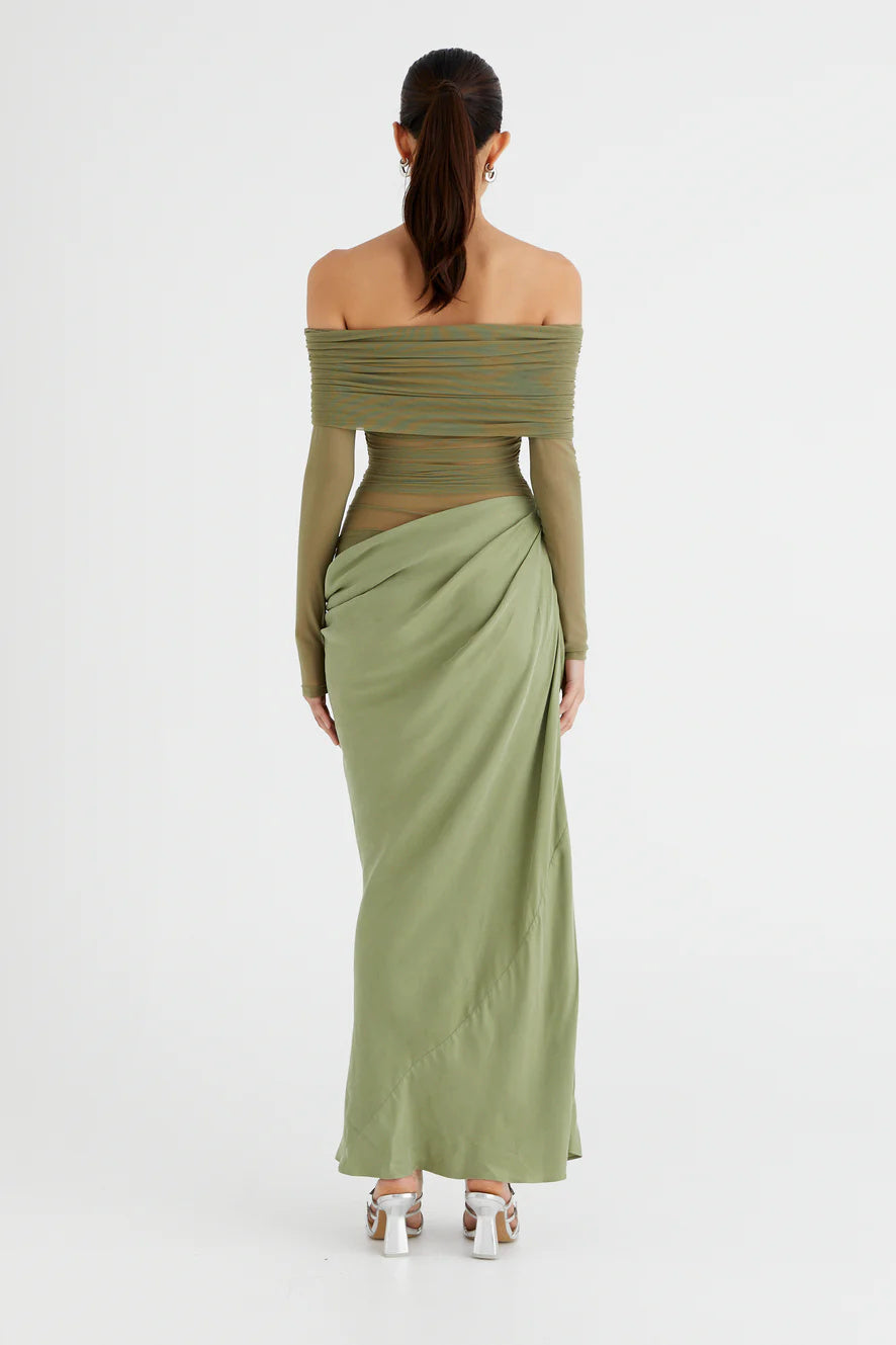 Off Shoulder Mesh Panel Waist Cut Out Column Maxi Dress