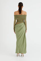 Off Shoulder Mesh Panel Waist Cut Out Column Maxi Dress