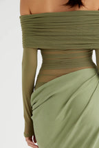 Off Shoulder Mesh Panel Waist Cut Out Column Maxi Dress