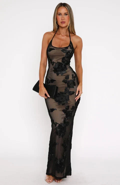 Mesh 3D Floral Applique Halter Neck Sleeveless Bodycon Maxi Dress