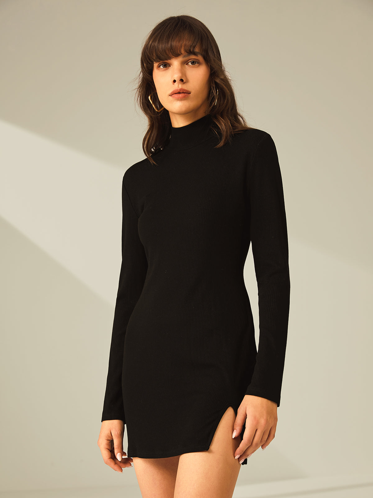 Turtleneck Long Sleeve Ribbed Knit Side Slit Mini Dress