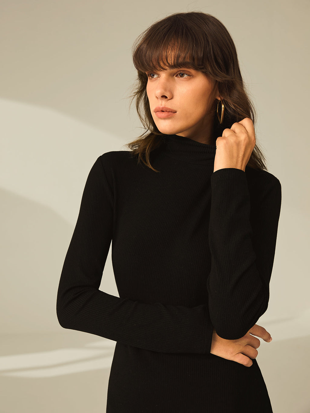 Turtleneck Long Sleeve Ribbed Knit Side Slit Mini Dress