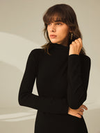 Turtleneck Long Sleeve Ribbed Knit Side Slit Mini Dress